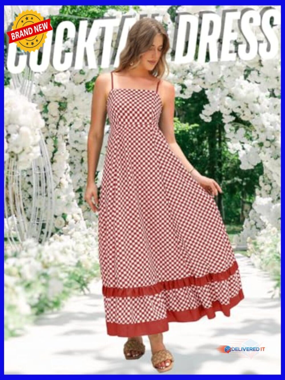 Checkered Maxi Dress Backless Ruffle A-Line Summer Beach Vacation - Picture 3 of 7